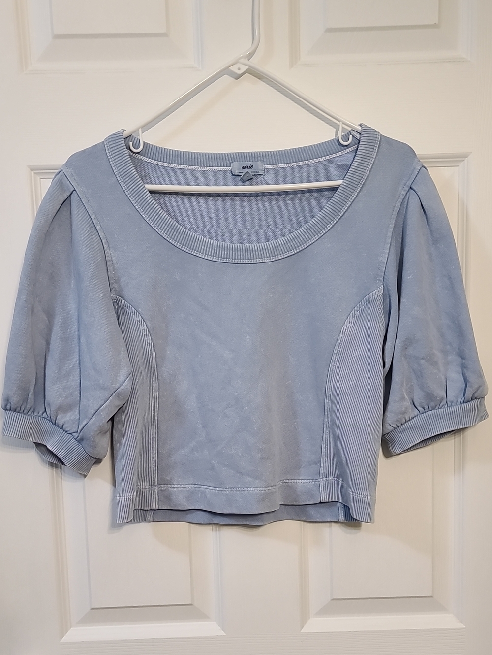 Aerie Cropped Puff Sleeve Sweatshirt Blue Grey Pastel Acid Wash Ribbed Sides S